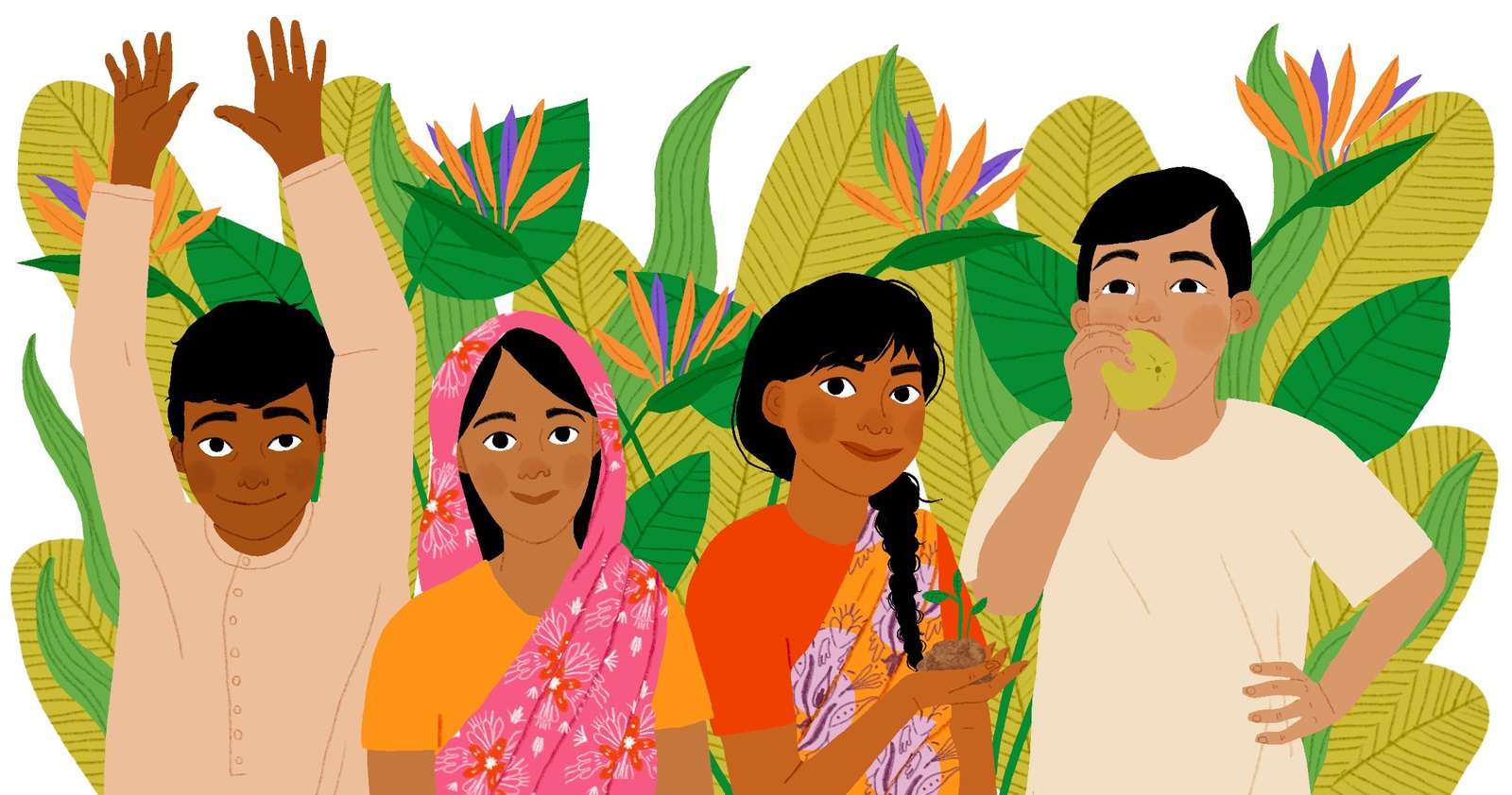 A diverse group of young people among lush leaves and flowers, one cupping a seedling in their hands