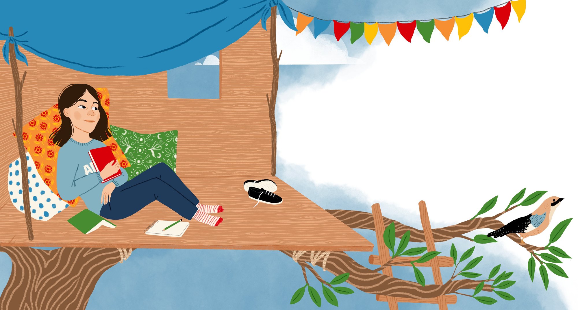 A child reading in a cosy treehouse among the branches, with bunting and a bird nearby