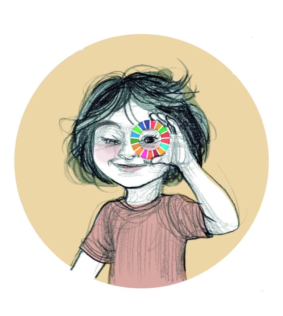 A smiling child looking through the colourful wheel of the 17 Sustainable Development Goals