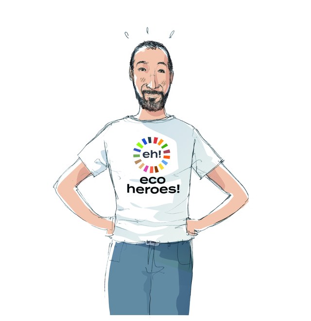 Illustration of Karim Zouhdi, founder of Eco Heroes, wearing an Eco Heroes t-shirt