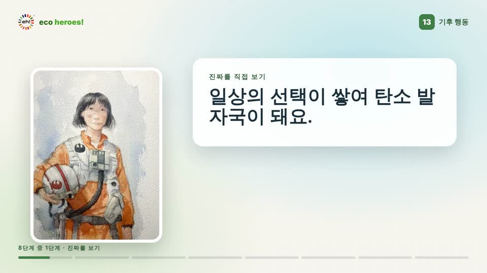 목표 13 미션 영상의 한 장면: ‘진짜를 직접 보기’라는 문구 옆에 선 아브릴