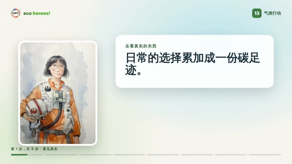 目标13任务视频截图：阿布里尔站在“去看真实的东西”字样旁